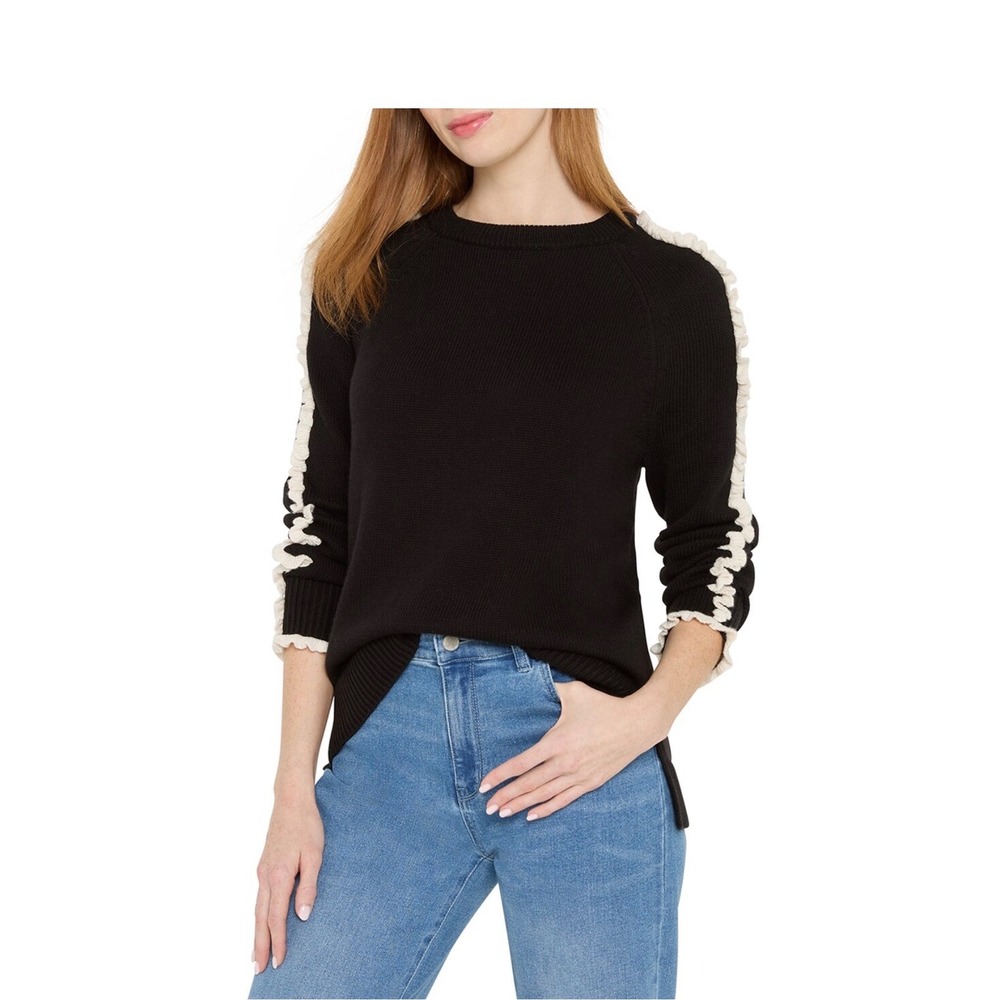 NIC+ZOE Black Onyx Ruffle Trim Crew Neck Sweater Petite P  NWT